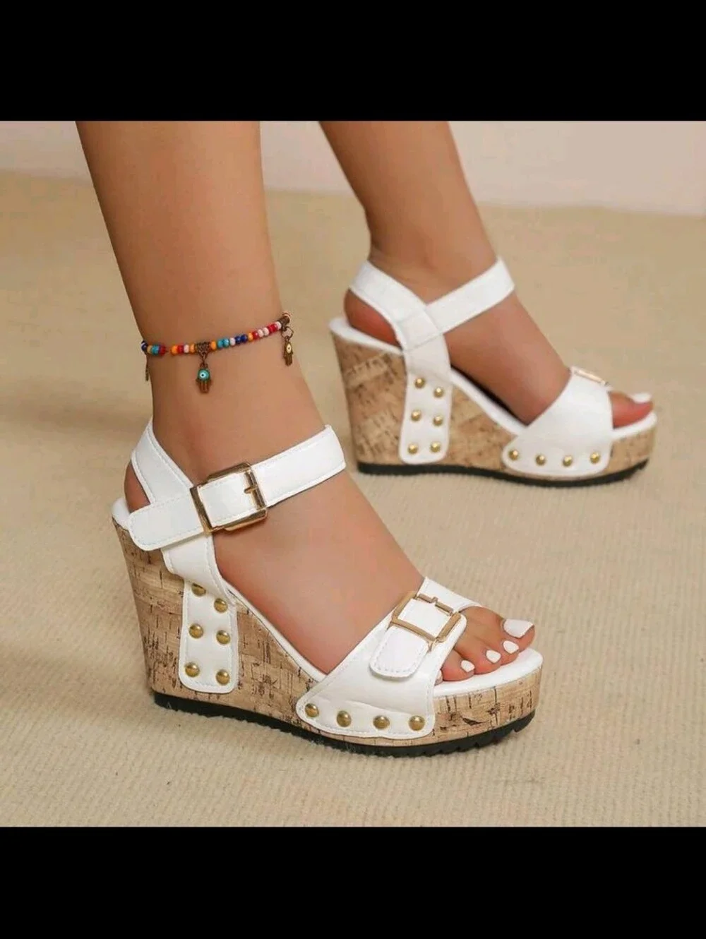 White Women's Cork Wedge Sandals with Gold Studs